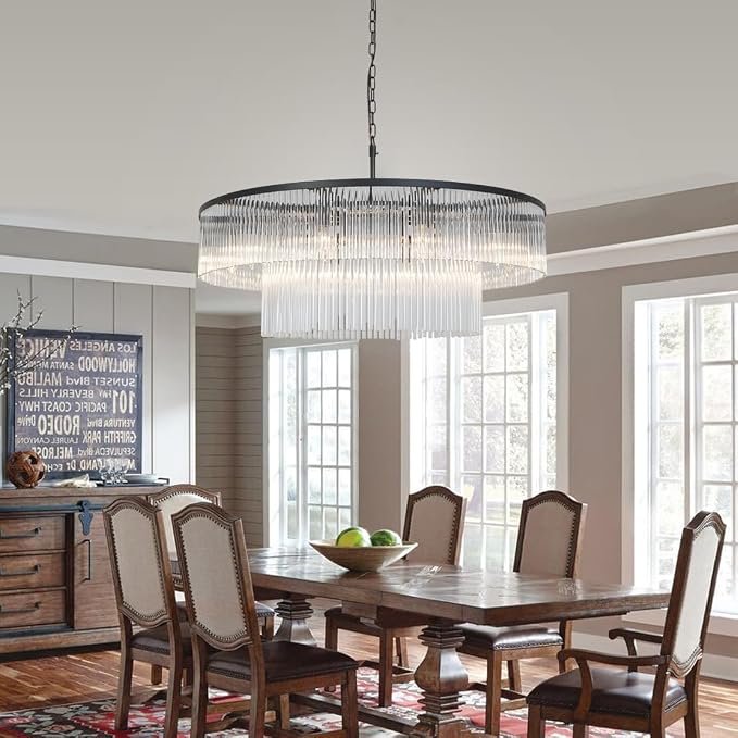 32 Inch Contemporary Black 2-Tier Glass Chandelier