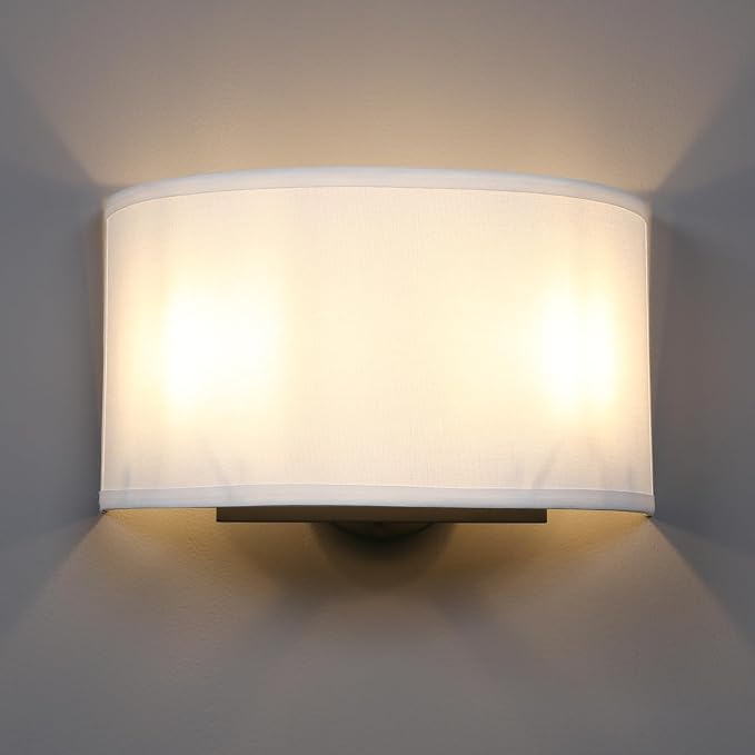 13 Inch Brass White Fabric Wall Sconce