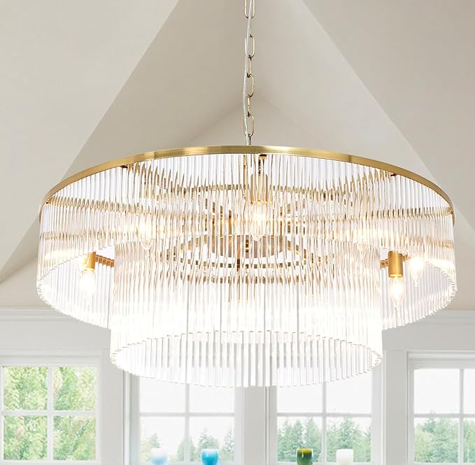32 Inch Modern Brass 2-Tier Glass Chandelier