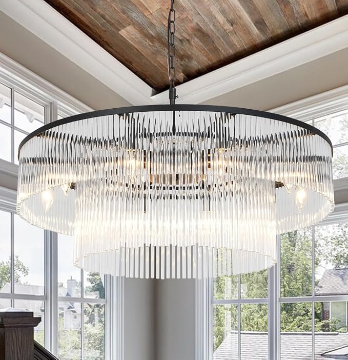 32 Inch Contemporary Black 2-Tier Glass Chandelier