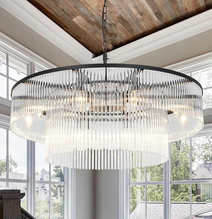 32 Inch Contemporary Black 2-Tier Glass Chandelier