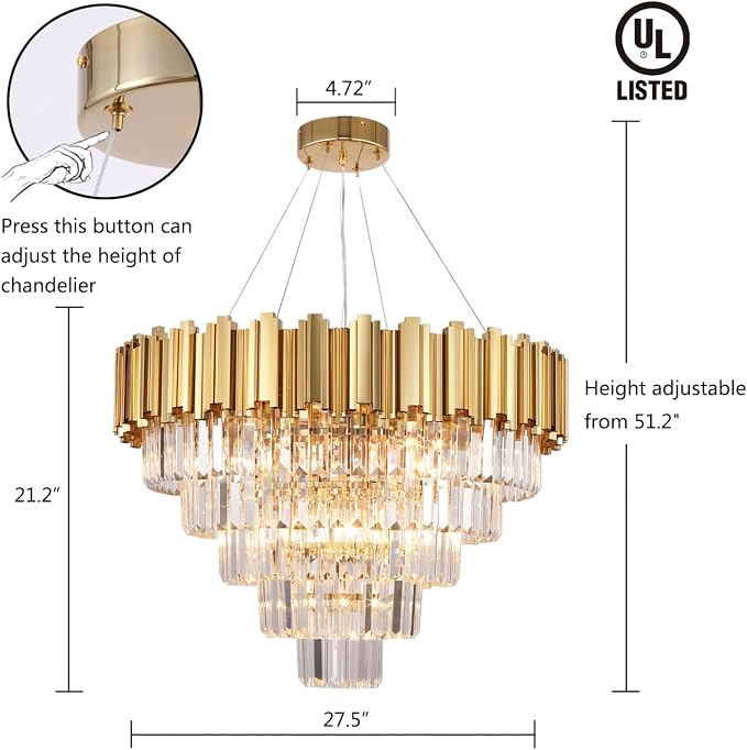 27.5 Inch Modern 5-Tier Gold Crystal Chandelier