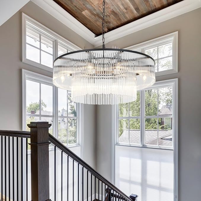 32 Inch Contemporary Black 2-Tier Glass Chandelier