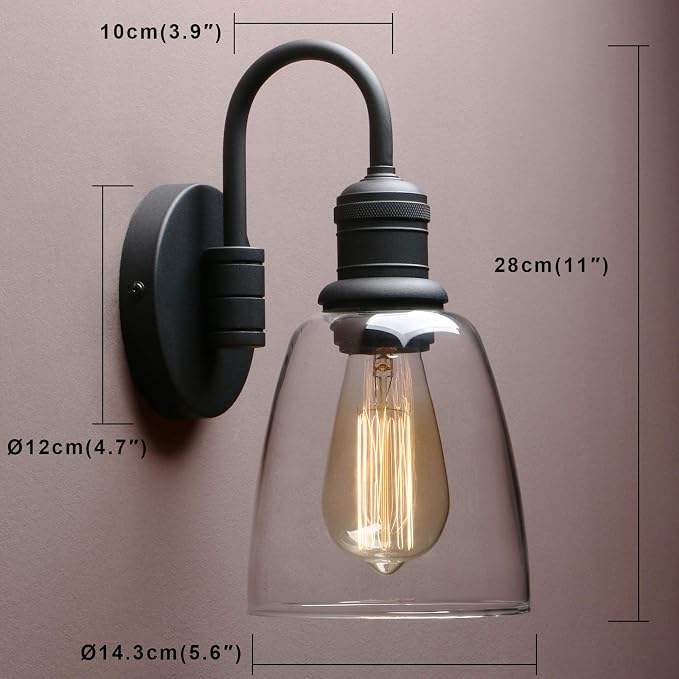 14 Inch Black Industrial Glass Wall Sconce
