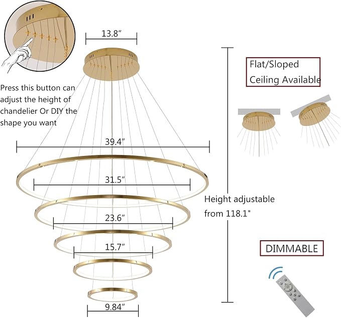 39 Inch Modern 5-Ring Gold LED Dimmable Chandelier