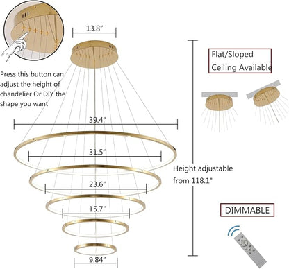 39 Inch Modern 5-Ring Gold LED Dimmable Chandelier
